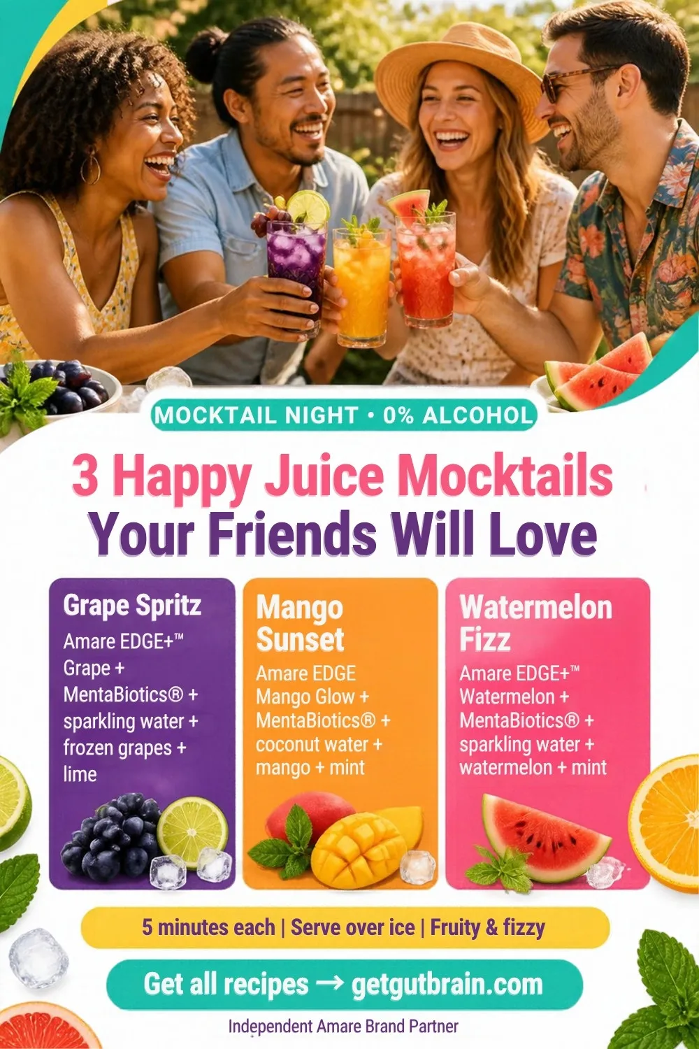Three Happy Juice mocktails: Grape Spritz, Mango Sunset and Watermelon Fizz