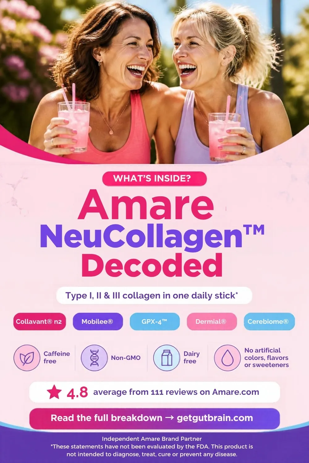 What's inside Amare NeuCollagen: Collavant n2, Mobilee, GPX-4, Dermial and Cerebiome; caffeine free, non-GMO, dairy free