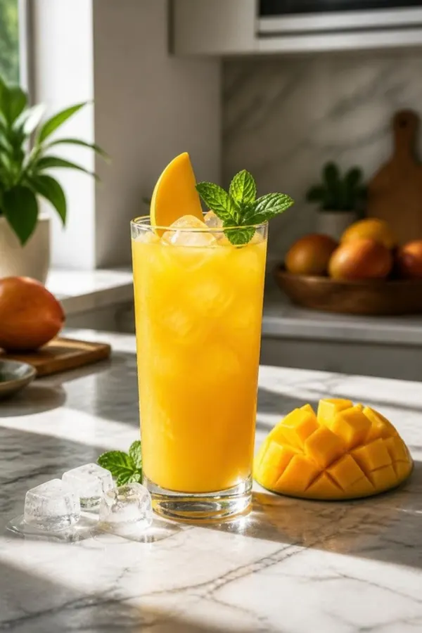 A glass of mango-colored Happy Juice