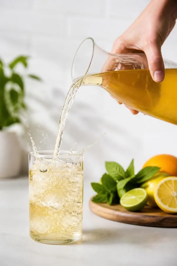Happy Juice being poured into a glass with ice