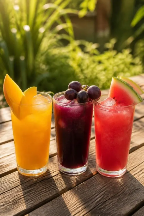 Three glasses of Happy Juice in mango, grape and watermelon colors on a picnic table