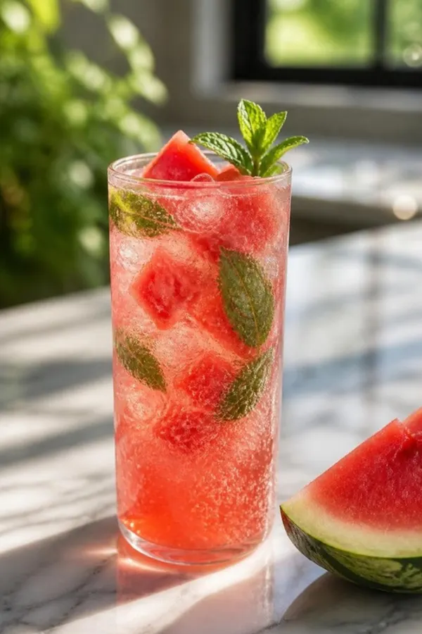 Watermelon-colored Happy Juice fizz with ice