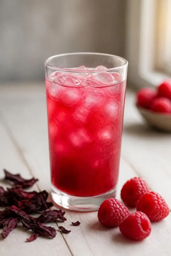 Iced raspberry hibiscus drink with fresh raspberries and dried hibiscus petals