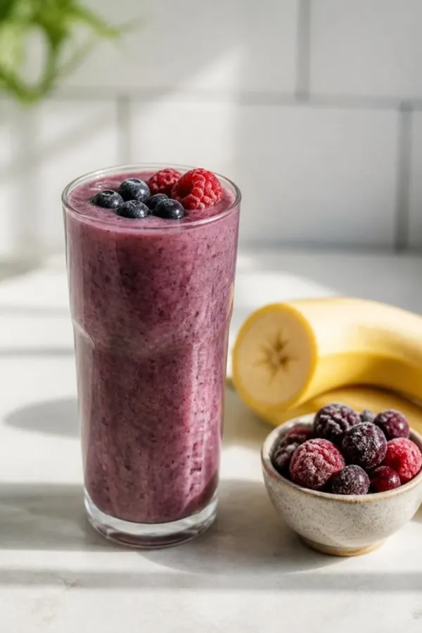 Berry smoothie made with NeuCollagen, frozen berries, banana and almond milk