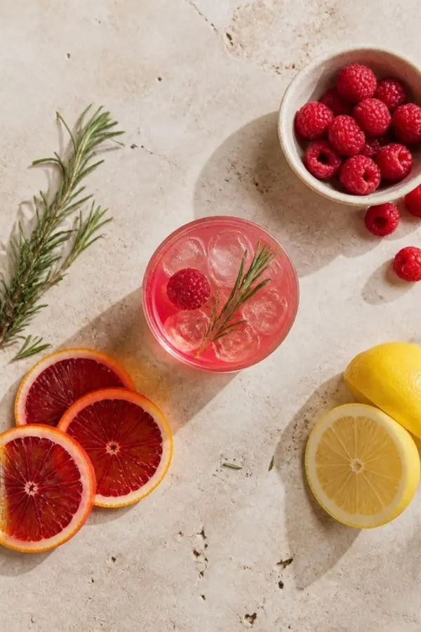 Sliced citrus, raspberries and a pink NeuCollagen drink on a light stone surface