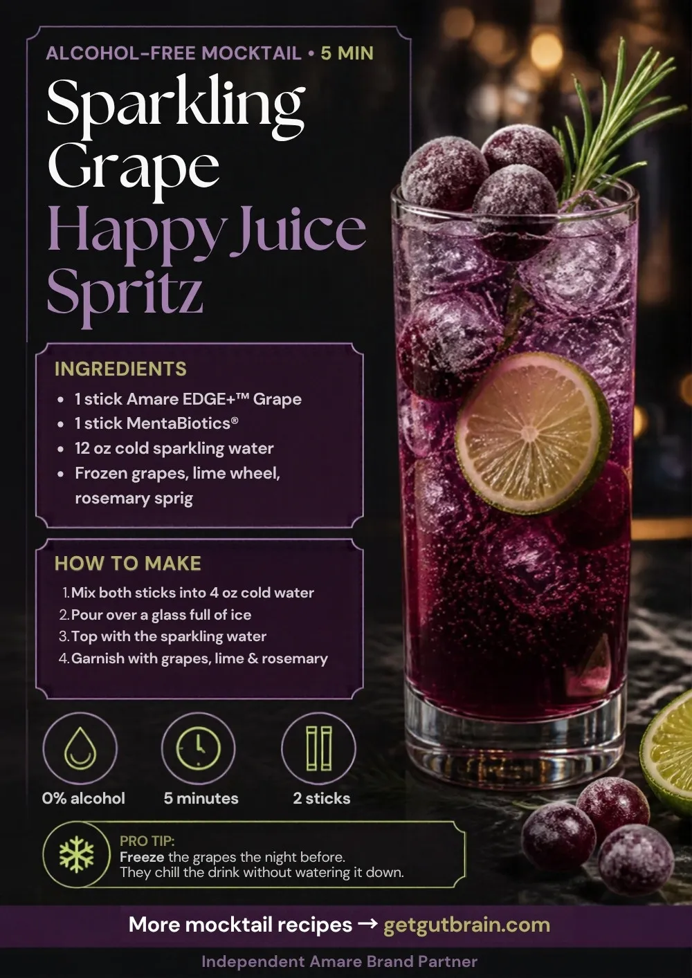Sparkling Grape Happy Juice Spritz mocktail with frozen grapes, lime and rosemary